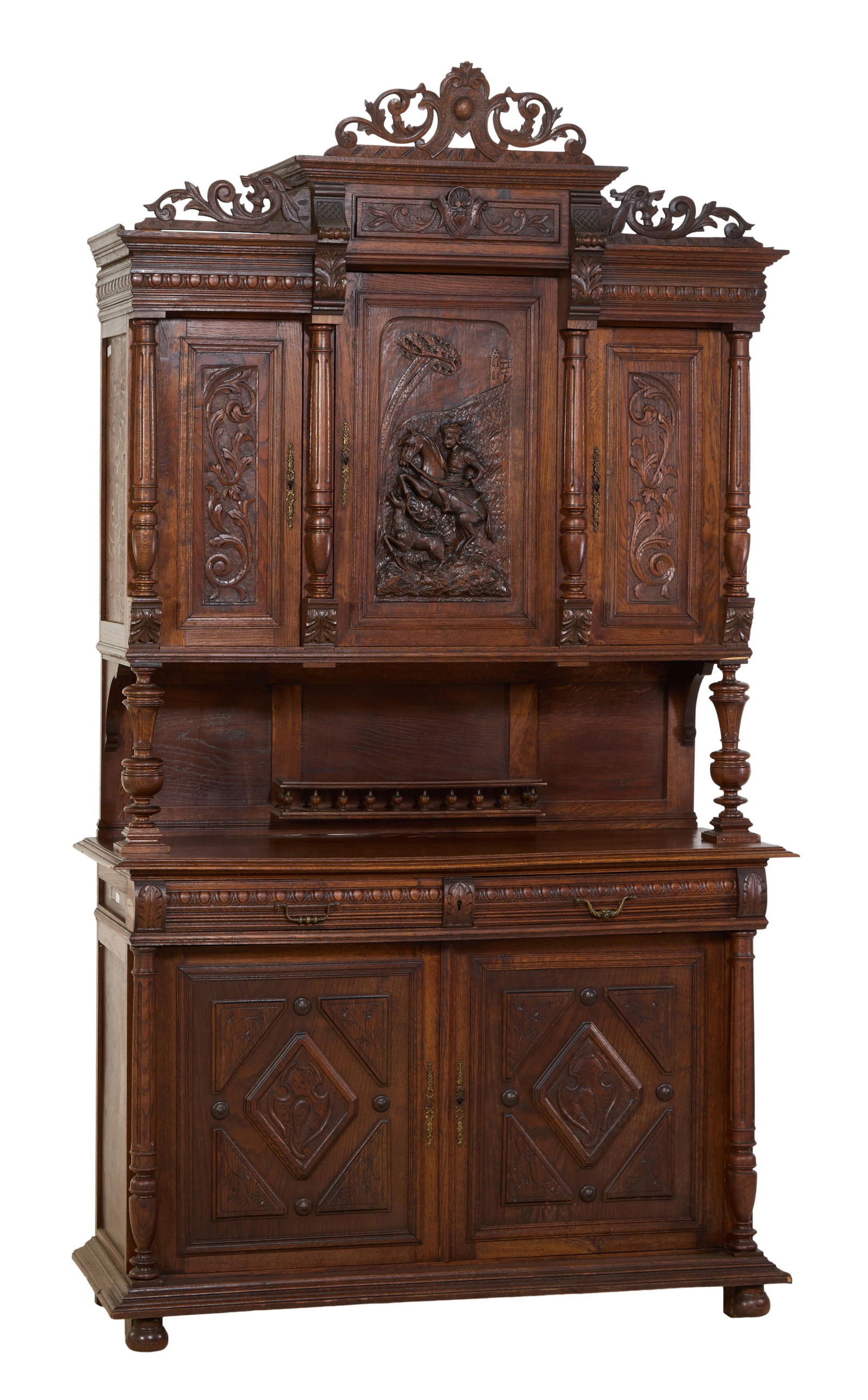 French Henri II Style Carved Walnut Buffet a Deux Corps, 19th c., H.- 100 in., W.- 55 in., D.- 19 (1 of 3)