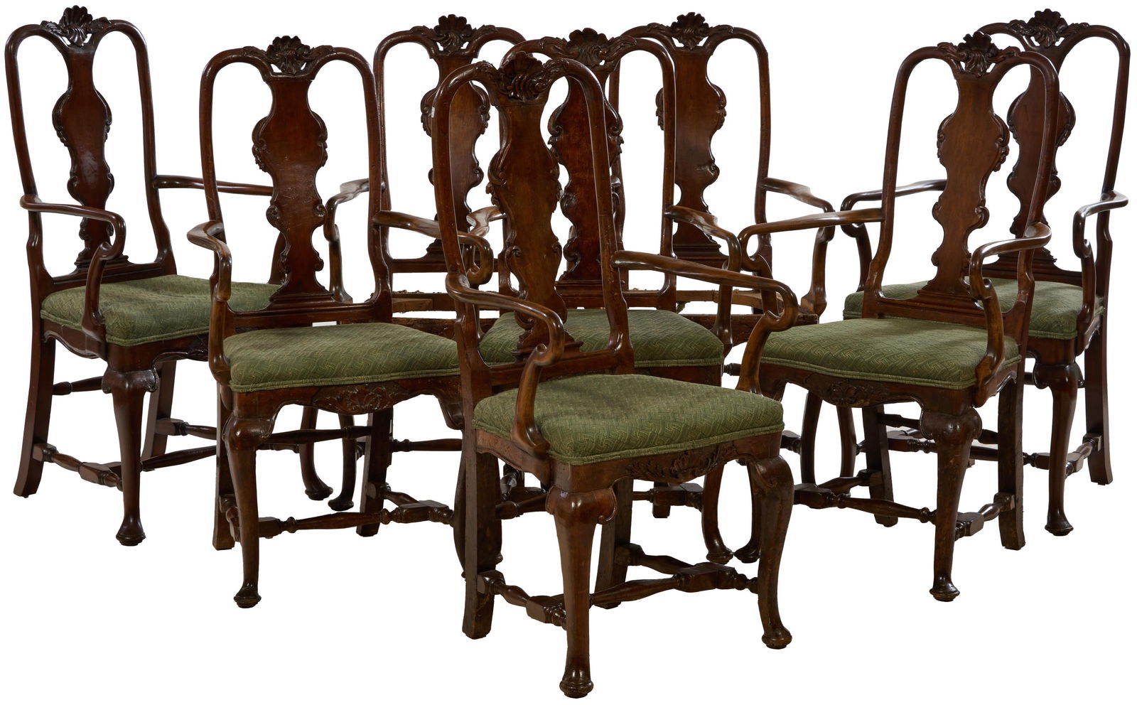 Set of Eight Antique Dutch Rococo Walnut Dining Arm Chairs, mid to late 18th c. and later, Each- H.- (1 of 4)