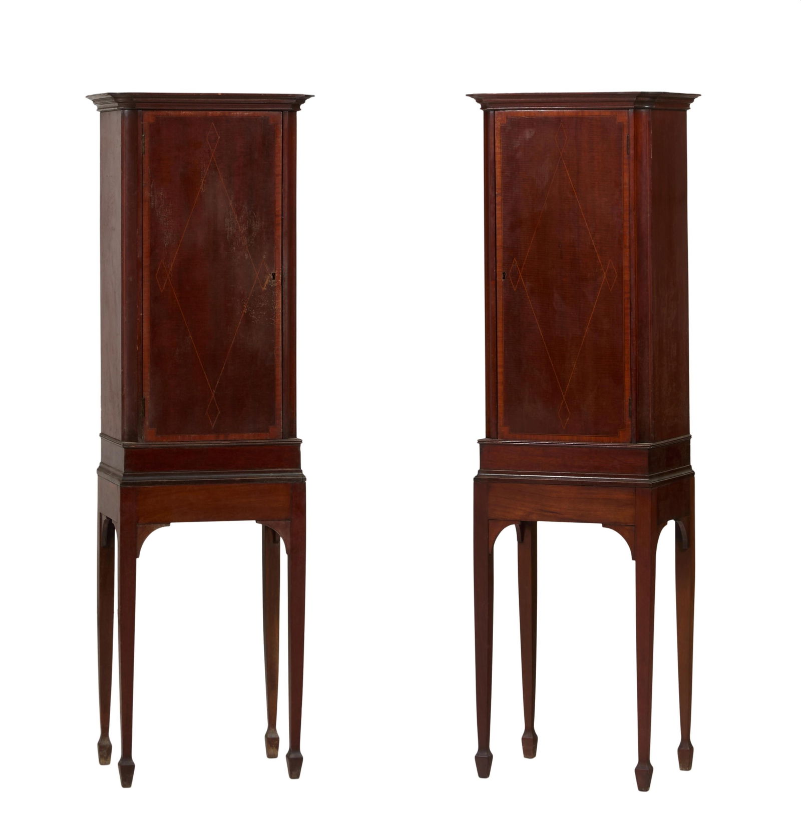Pair of English Edwardian String Inlaid Mahogany Cabinets, late 19th c., Each- H.- 55 1/4 in., W.- (1 of 2)