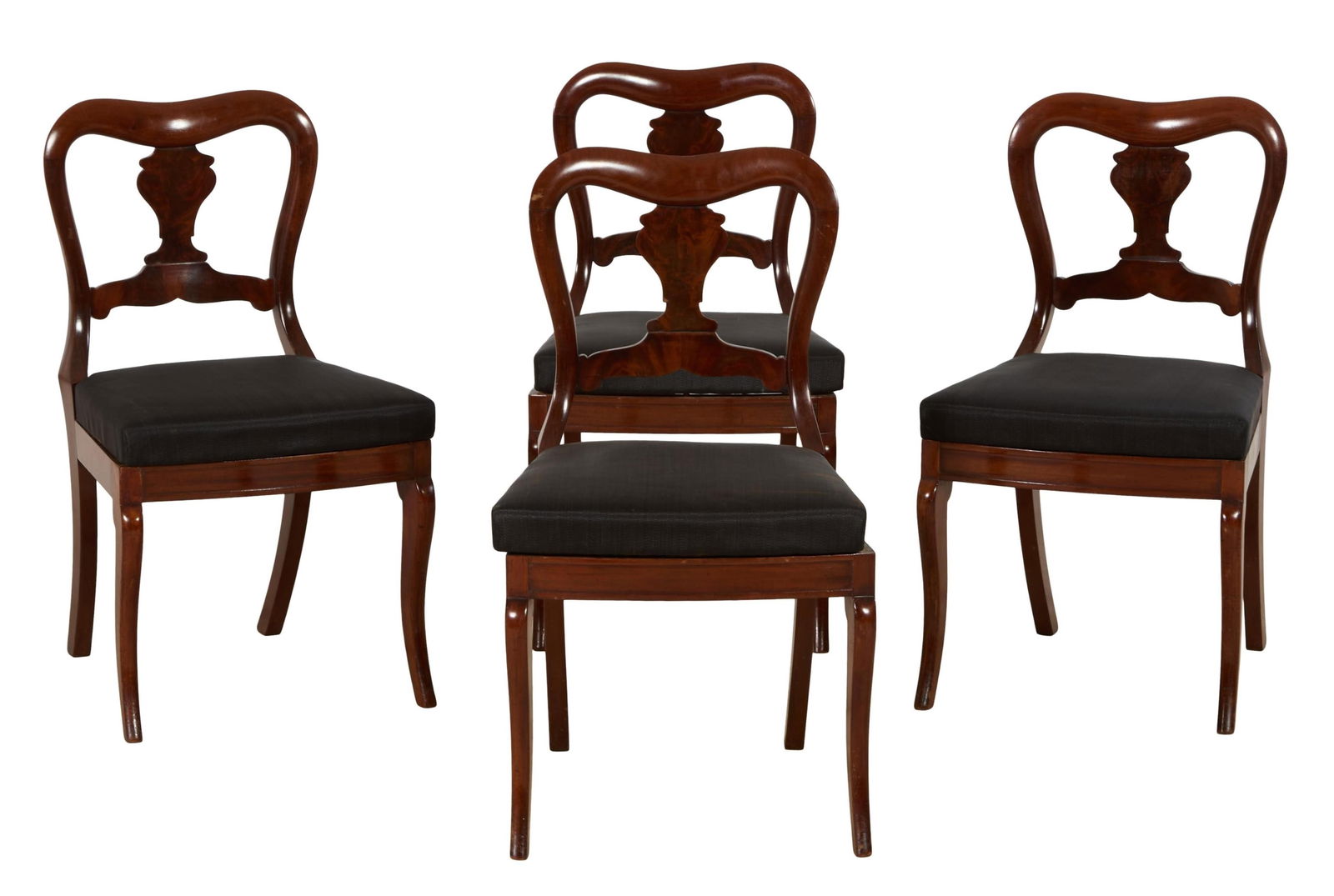 Set of Four American Restoration Mahogany Dining Chairs, New York City, In the Manner of Duncan: Set of Four American Restoration Mahogany Dining Chairs, New York City, In the Manner of Duncan Phyfe, mid 19th c., yoke-shaped crest rail and vase-shaped splat above an upholstered slip seat and bowe