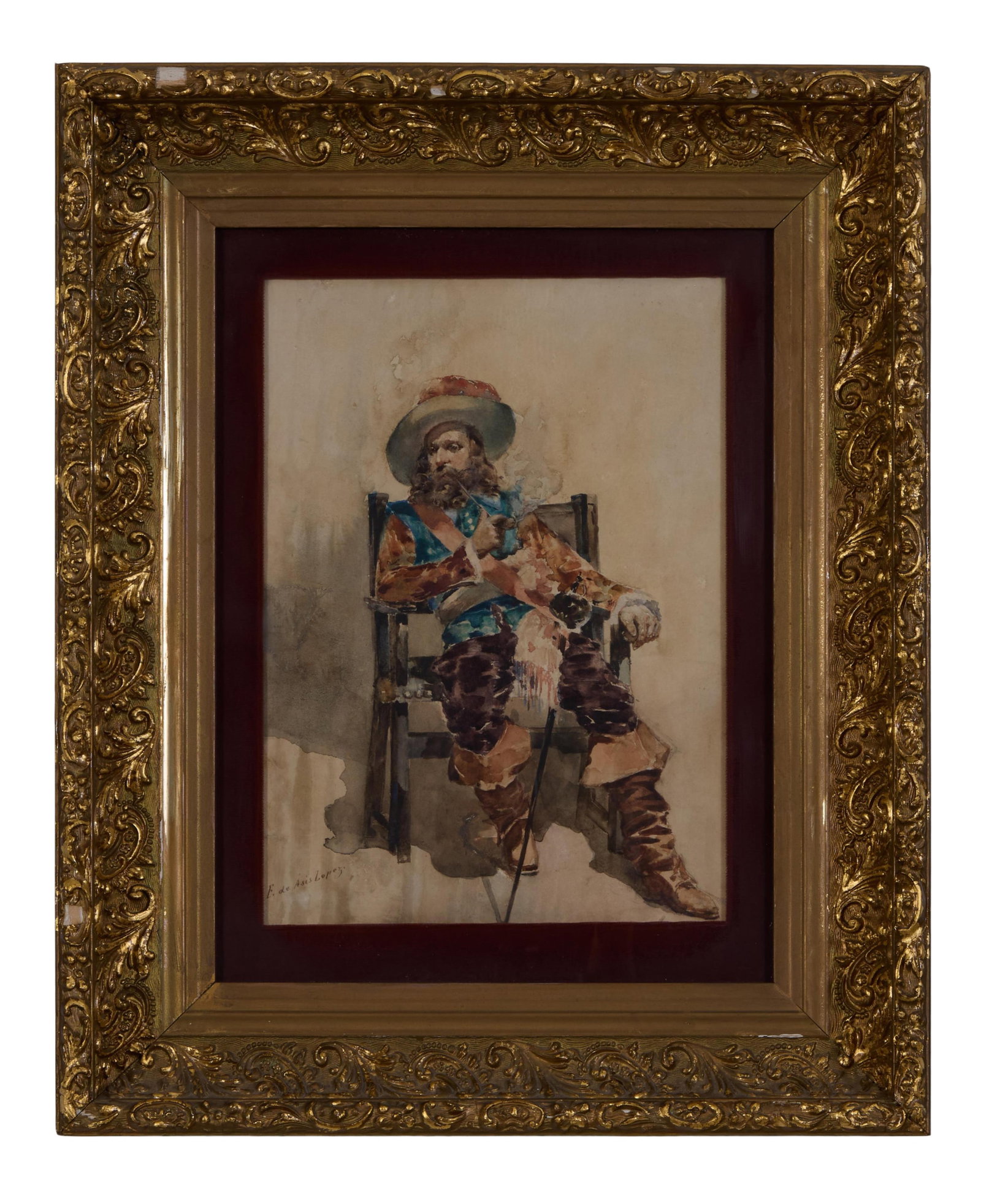 F. de Asis Lopez (Spanish/French, 19th Century), "Cavalier with Pipe," Sight- H.- 13 in., W.- 9 1/2: F. de Asis Lopez (Spanish/French, 19th Century), "Cavalier with Pipe," watercolor on paper, signed lower right, presented in a giltwood frame with a burgundy velvet liner, Sight- H.- 13 in., W.- 9 1/2