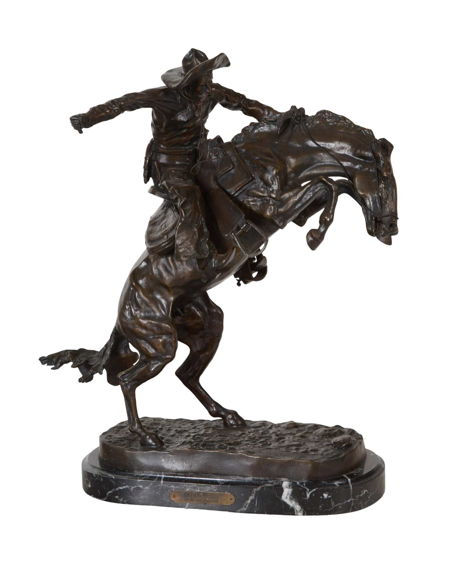 After Frederic Remington (American/New York/Connecticut, 1861-1909), "Bronco Buster," late 20th c.,: After Frederic Remington (American/New York/Connecticut, 1861-1909), "Bronco Buster," late 20th c., numbered 90/100, presented on an oval figured black marble base, H.- 23 1/2 in., W.- 17 in., D.- 9 i