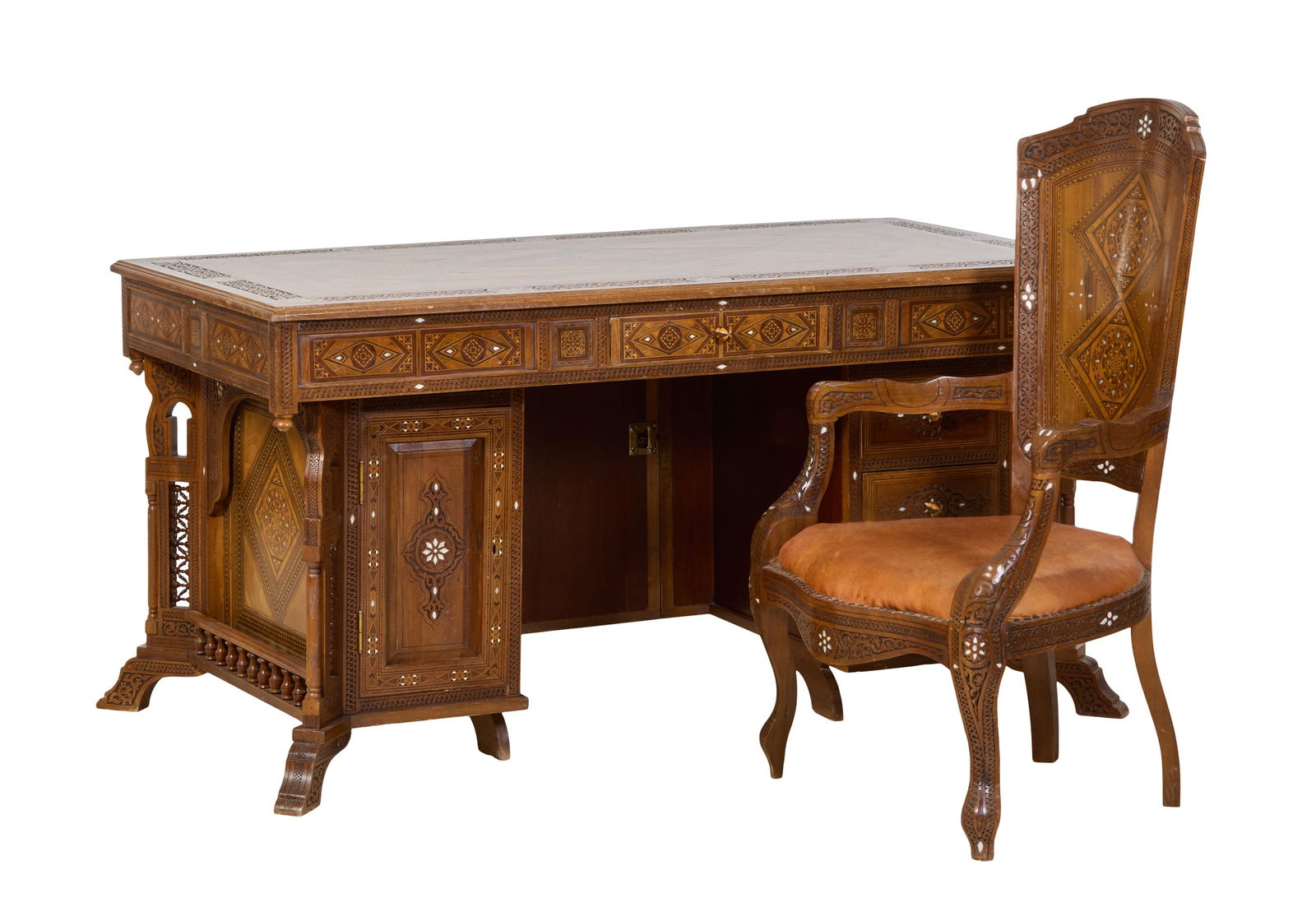 Anglo-Indian Inlaid Ornate Mahogany Desk and Chair, 20th c., Desk- H.- 32 in., W.- 62 in., D.- 33 (1 of 4)