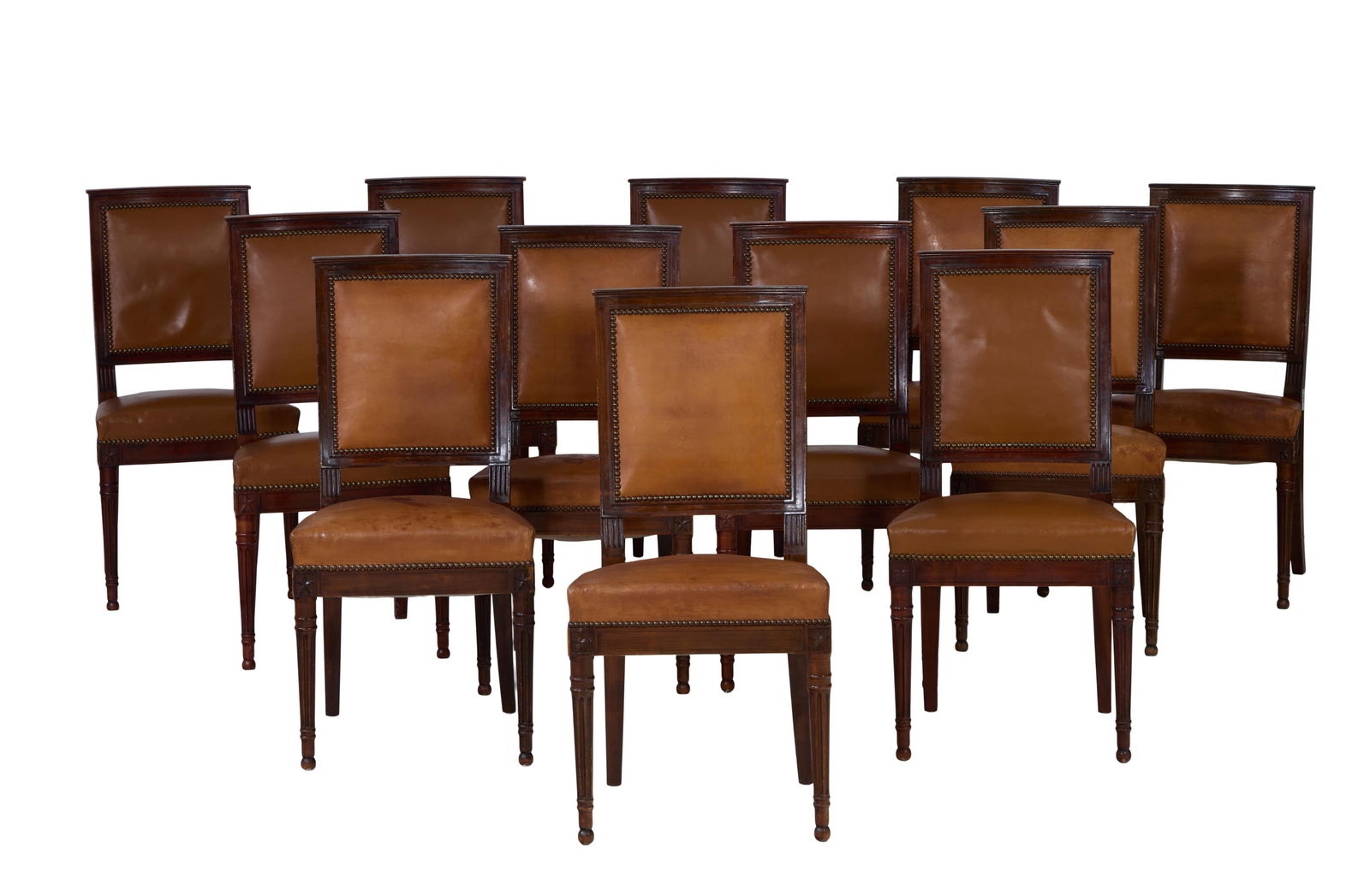 Set of Twelve French Restoration Style Carved Walnut Leather Dining Chairs, 20th c., Each- H.- 33 (1 of 19)