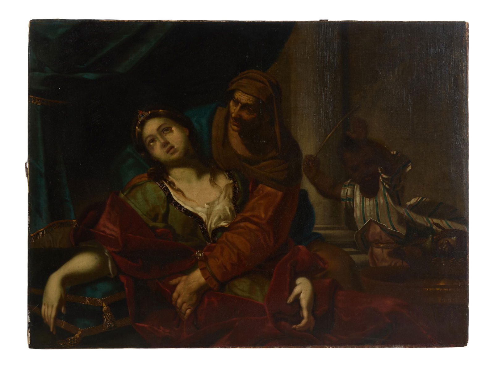 After Elisabetta Sirani (Italian, 1638-1665), "Death of Cleopatra," 19th c., H.- 39 1/4 in., W.- 29: After Elisabetta Sirani (Italian, 1638-1665), "Death of Cleopatra," 19th c., oil on canvas, unsigned, H.- 39 1/4 in., W.- 29 1/4 in.