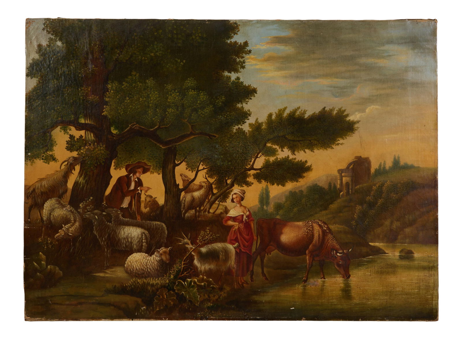 French School, "Pastoral with Courting Couple, Pasturing Animals and Ruins," 19th c., H.- 30 in., (1 of 3)