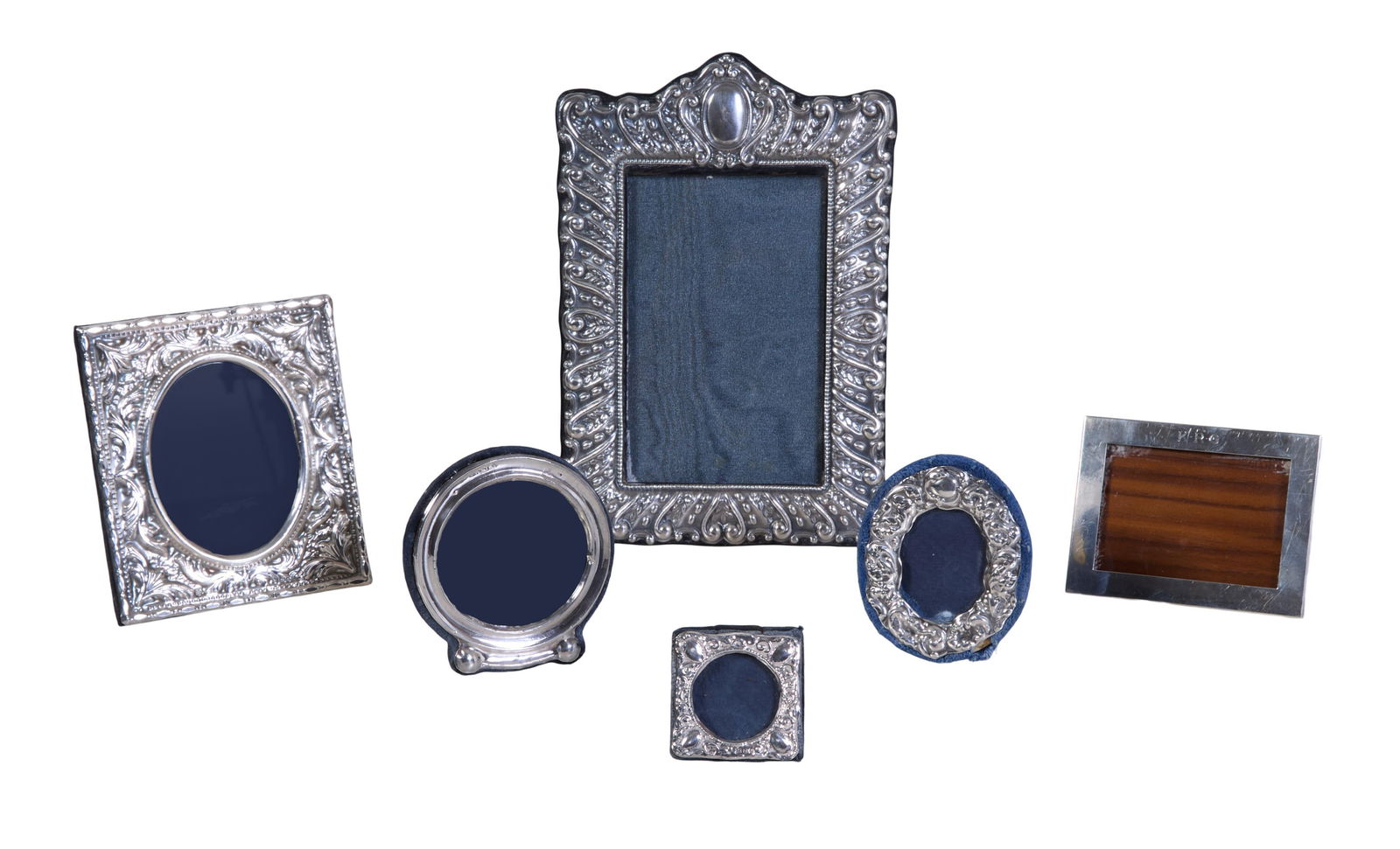 Six Sterling Overlay Easel Blue Velvet Tabletop Picture Frames, 20th c., Largest- H.- 8 in., W.- 5 (1 of 1)
