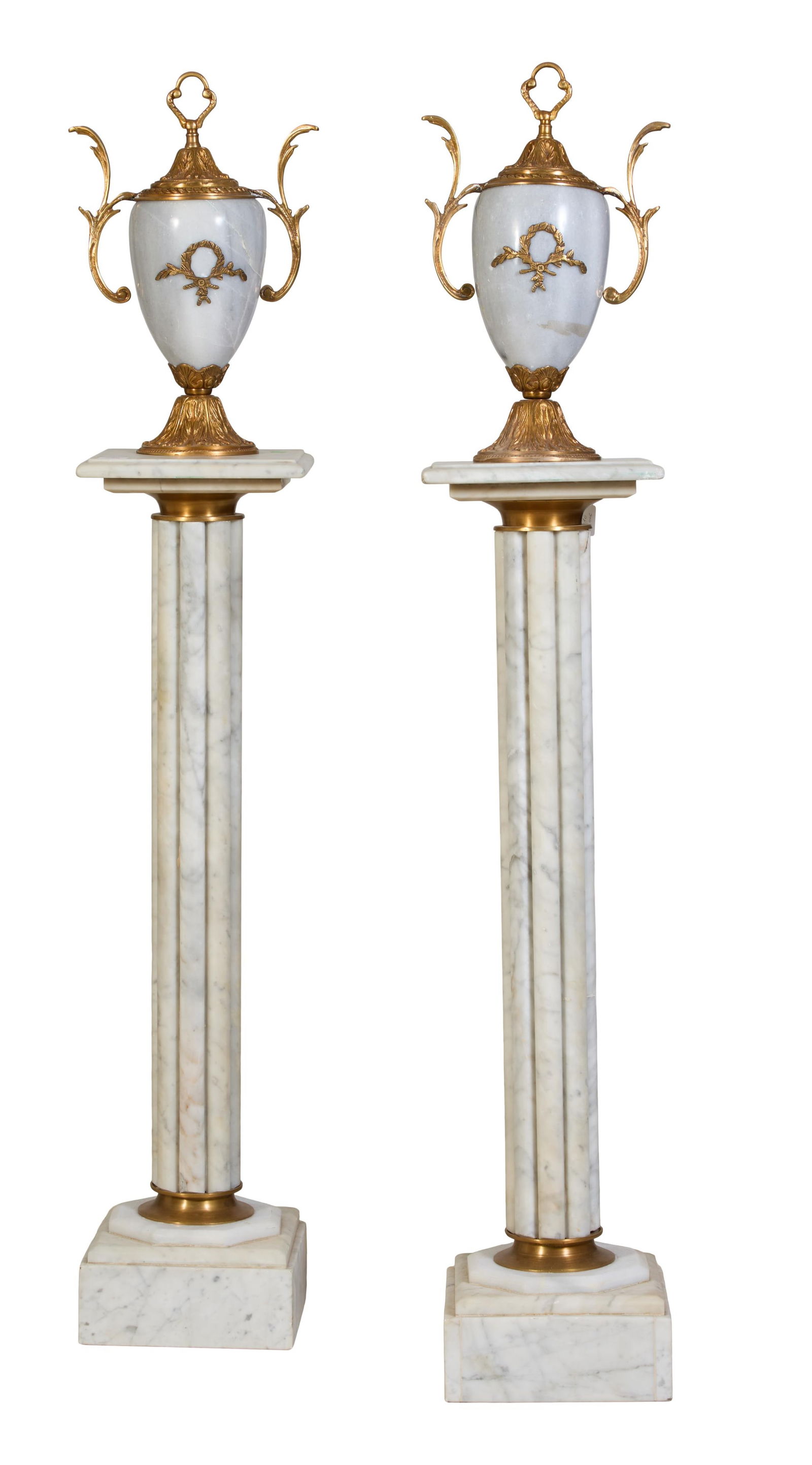 Pair of Gilt Bronze Mounted White Marble Pedestals, Pedestals- H.- 42 1/4 in., W.- 10 3/4 in., D.- (1 of 4)