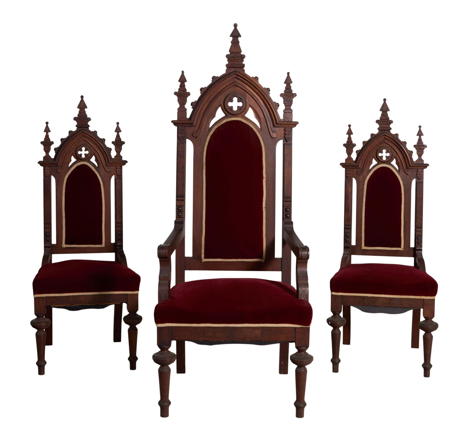 Group of Three American Aesthetics Walnut Altar Chairs, mid-late 19th c., Arm- H.- 65 in., W.- 26 (1 of 2)