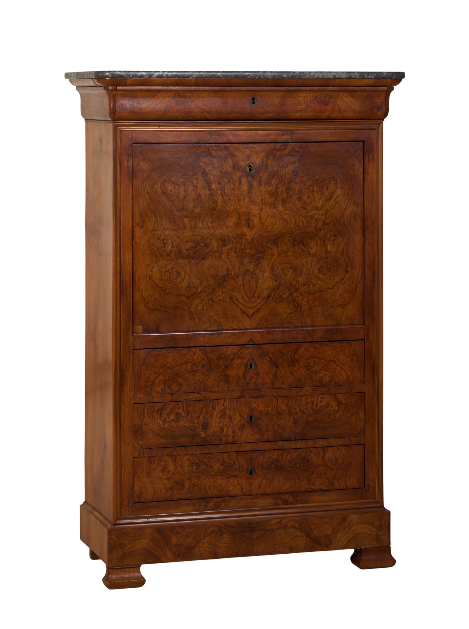 French Louis Philippe Marble Top Burled Walnut Secretaire a Abattant, mid 19th c., H.- 59 1/2 in., (1 of 14)