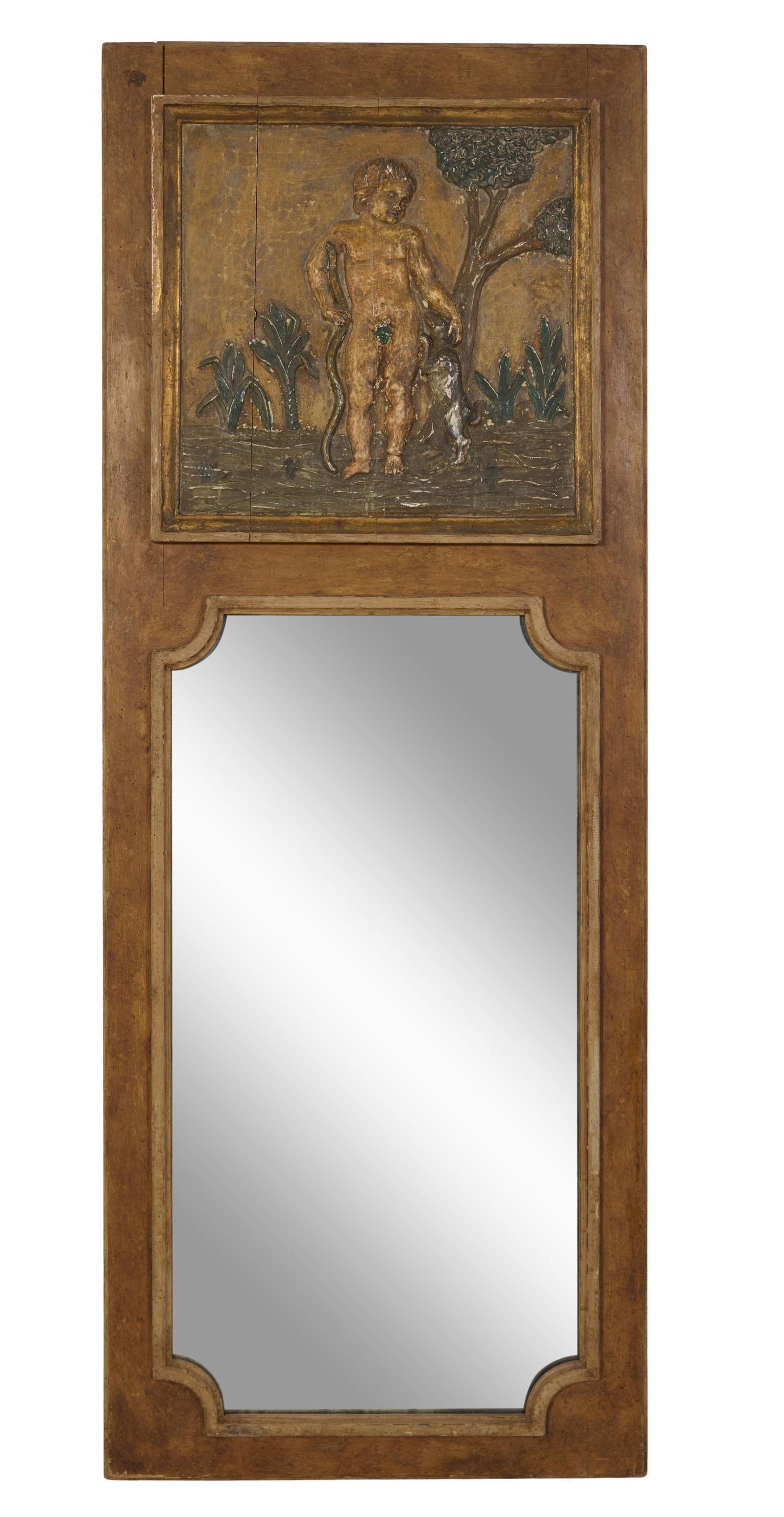 French Provincial Polychromed Carved Gesso Trumeau Mirror, 19th c., H.- 64 1/4 in., W.- 24 1/2 in. (1 of 2)