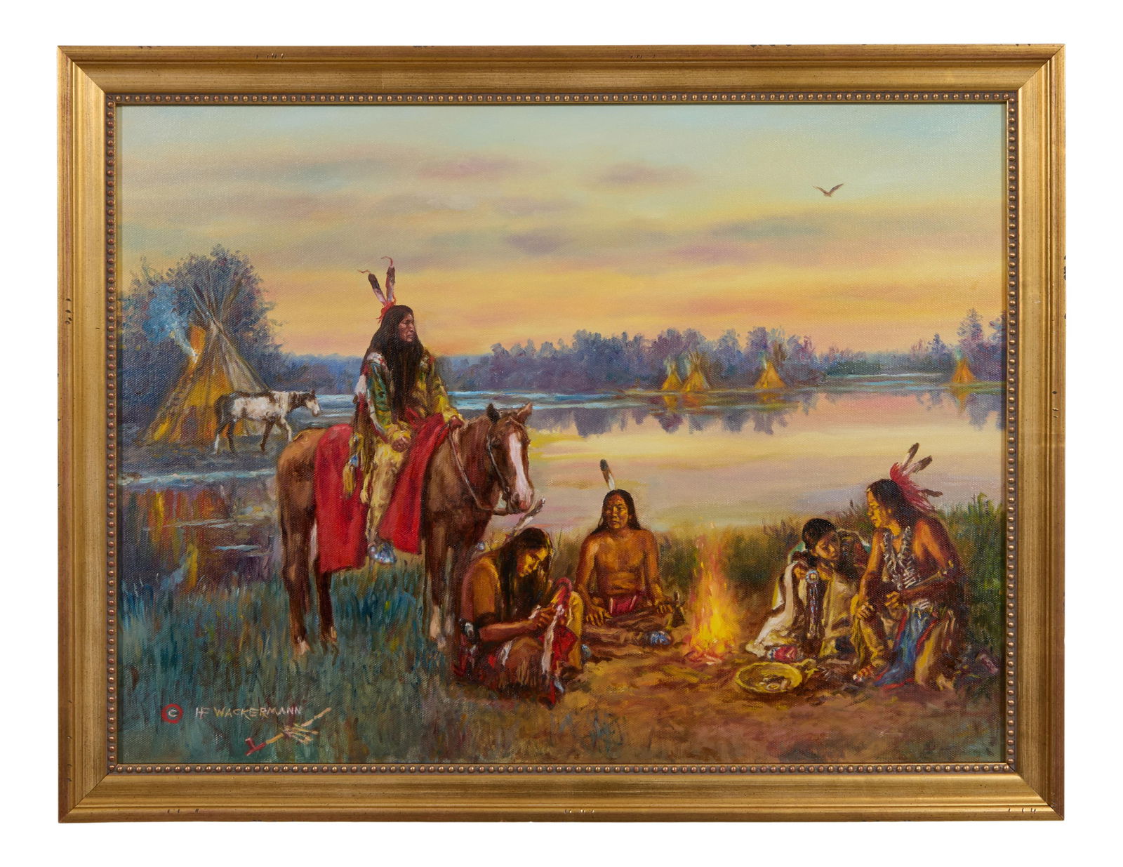 Hubert Wackermann (American, b. 1945), "Dakota Sioux Campfire," H.- 18 in., W.- 24 in., Framed- H.- (1 of 4)