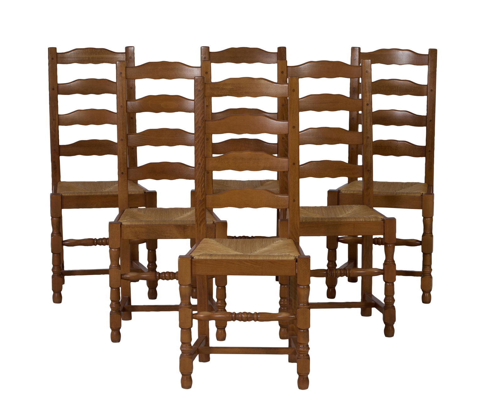 Six French Provincial Cherry Tall Ladder Back Chairs, 20th c., Each- H.- 40 1/2 in., W.- 17 1/2 in., (1 of 2)