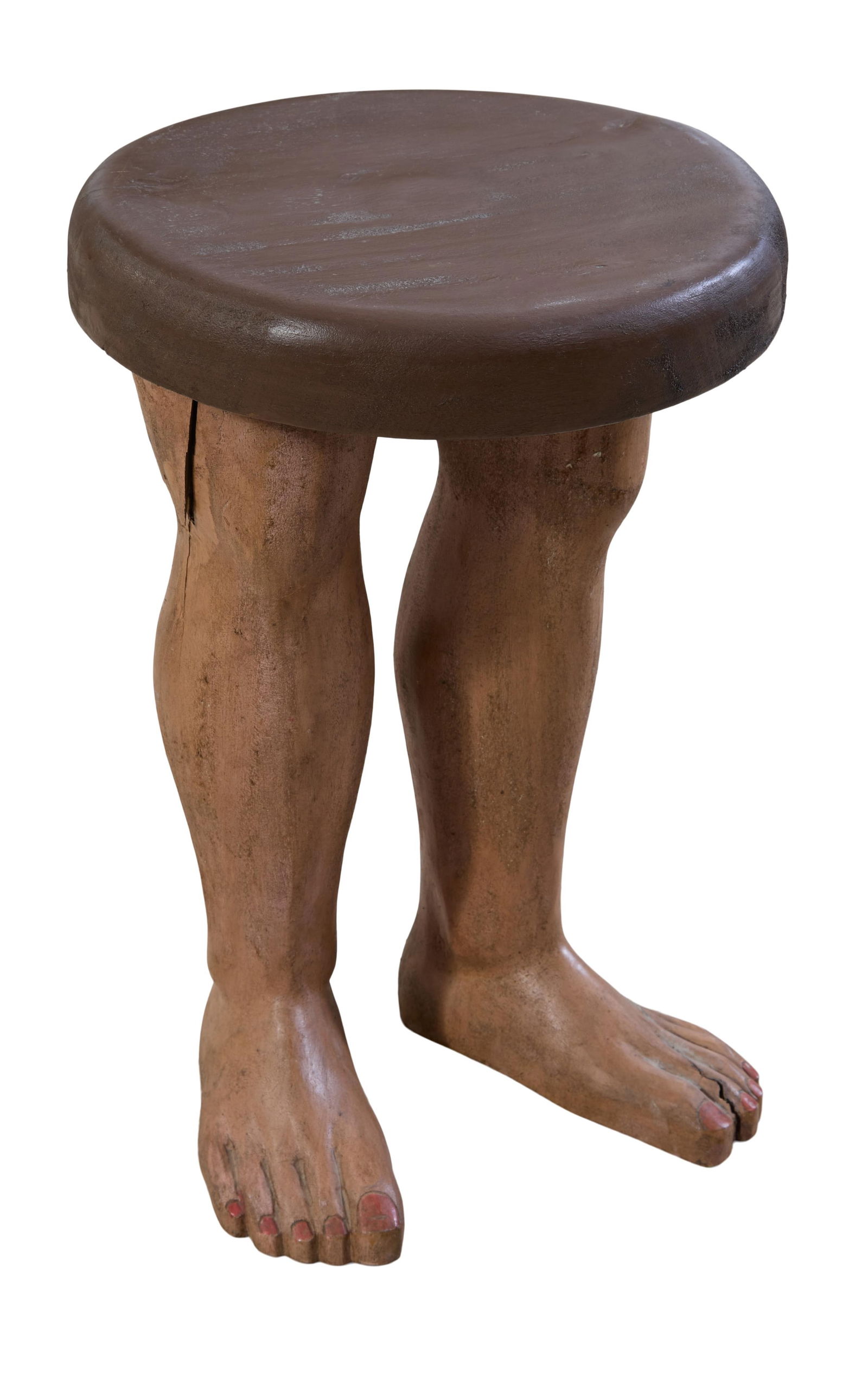 Folk Art Hand Carved Wood "Foot" Stool, 20th c., H.- 18 in., Dia.- 12 in. (1 of 3)