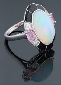Lady's Platinum Opal, Sapphire and Diamond Dinner Ring, by Oscar Friedman, Total Sapphire Wt.- 0.85