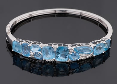 Platinum Aquamarine and Diamond Bangle Bracelet, by Oscar Friedman, Total Aquamarine Wt.- 15.35