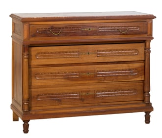 French Napoleon III Marble Top Walnut Commode, late 19th c., H.- 40 in., W.- 49 in., D.- 20 1/2 in.