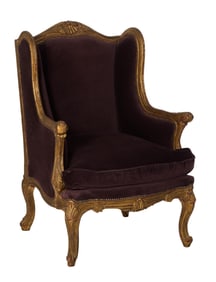 French Louis XV Style Giltwood Winged Bergere, 20th c., H.- 45 in., W.- 31 in., D.- 31 in.