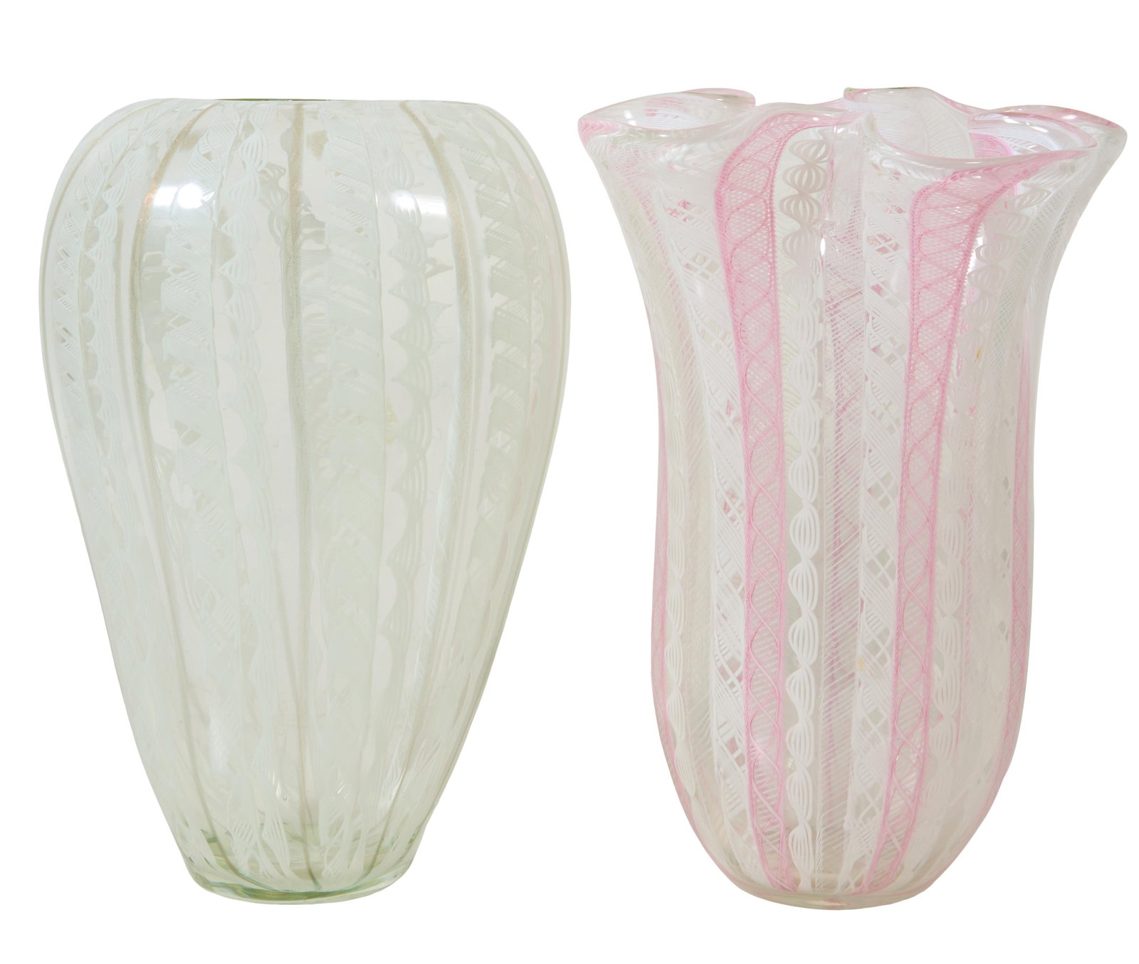 Two Large Murano Glass Baluster Vases, 20th c., Pinki- H.- 14 1/2 in., Dia.- 10 1/2 in.; Green- H.- (1 of 3)