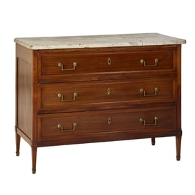 French Louis XVI Style Marble Top Commode, 19th c., H.- 34 in., W.- 45 in., D.- 21 3/4 in.