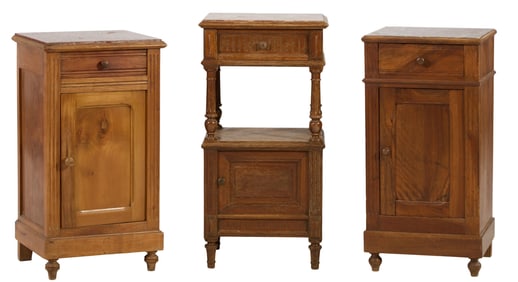Group of Three French Louis XVI Style Marble Top Nightstands, 19th c., Tallest: H.- 31 1/2 in., W.-