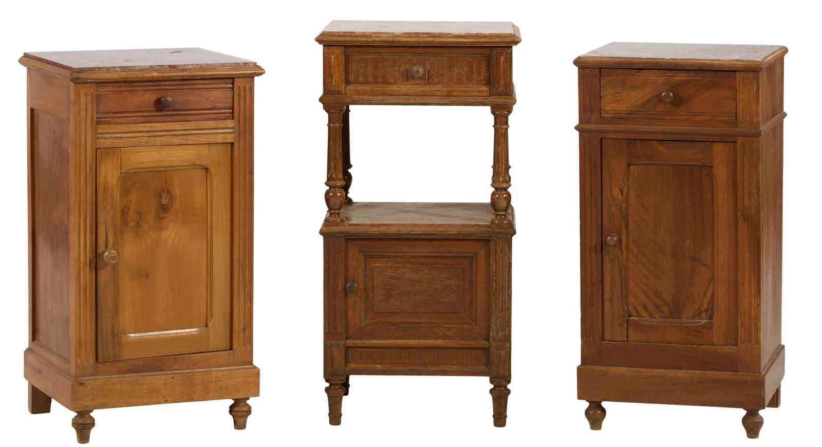 Group of Three French Louis XVI Style Marble Top Nightstands, 19th c., Tallest: H.- 31 1/2 in., W.- (1 of 7)