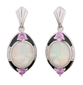 Pair of Platinum Opal, Sapphire and Diamond Earrings, by Oscar Friedman, Total Diamond Wt.- 0.14
