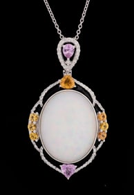 Platinum Opal, Sapphire and Diamond Pendant, by Oscar Friedman, Total Diamond Wt.- 0.51 carats;