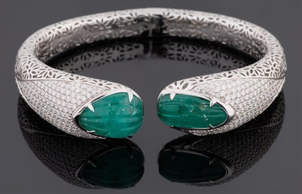 14K White Gold Colombian Emerald and Diamond Open Bangle Bracelet, by Oscar Friedman, Total Emerald