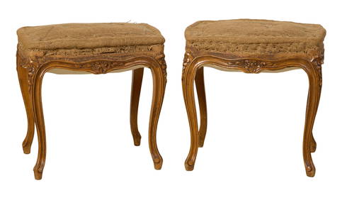 Pair of Louis XV Style Carved Beech Footstools, 20th c., Each- H.- 18 in., W.- 18 in., D.- 14 in. (2 (1 of 1)