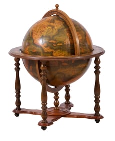 French Beech World Globe Bar, 20th c., H.-40 in., Dia.- 32 in.