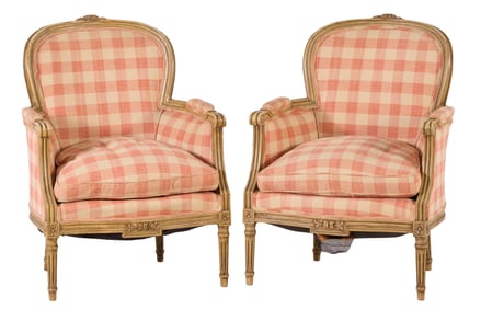 Pair of Louis XVI Style Beech Berger, 20th c., Each- H.- 36 1/2 in., W.- 27 in., D.- 24 in. (2 Pcs.)