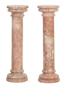 Pair of Highly Figured Pink Marble Pedestals, 20th/21st c., Each- H.- 40 in., Dia.- 12 in (2 Pcs.)