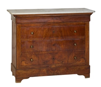 French Louis Philippe Marble Top Walnut Commode, mid 19th c., H.- 38 in., W.- 47 1/4 in., D.- 20 1/2