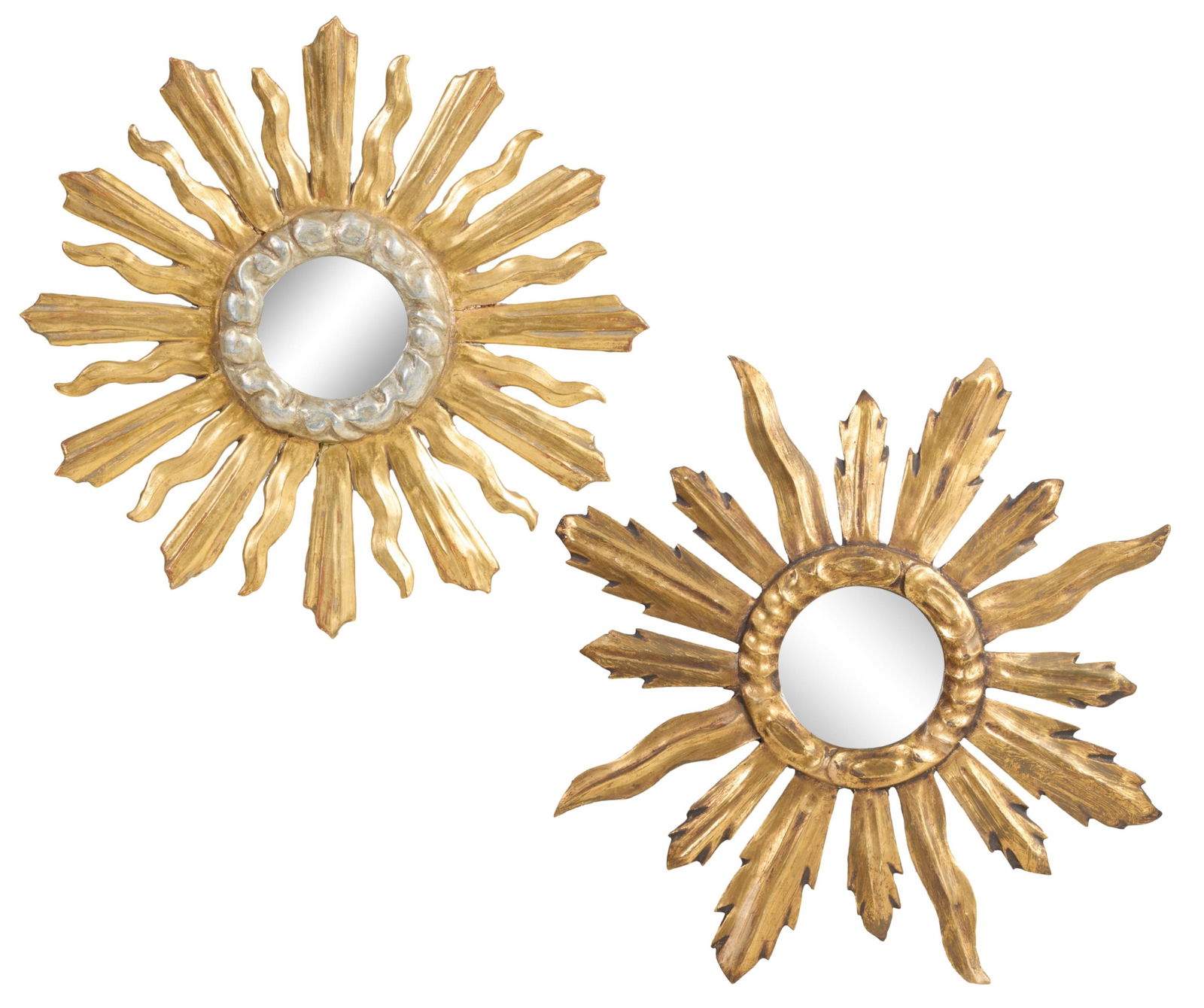 Two French Gilt Sunburst Mirrors, 20th c., Smaller- Dia.- 17 in.; Larger- Dia.- 18 in. (2 Pcs.) (1 of 3)