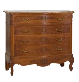 French Transitional Louis XIV/XV Style Serpentine Marble Top Walnut Commode, 20th c., H.- 42 1/2