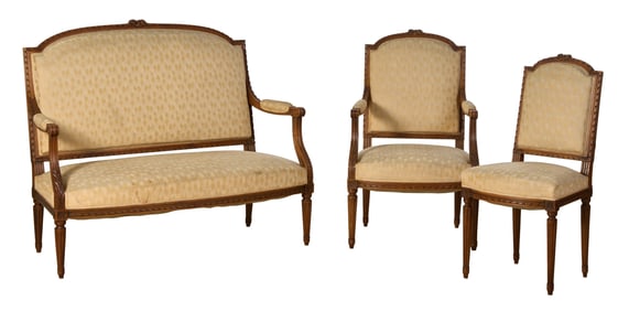 French Three Piece Louis XVI Style Carved Walnut Seating Group, 20th c., Settee- H.- 41 in., W.- 48