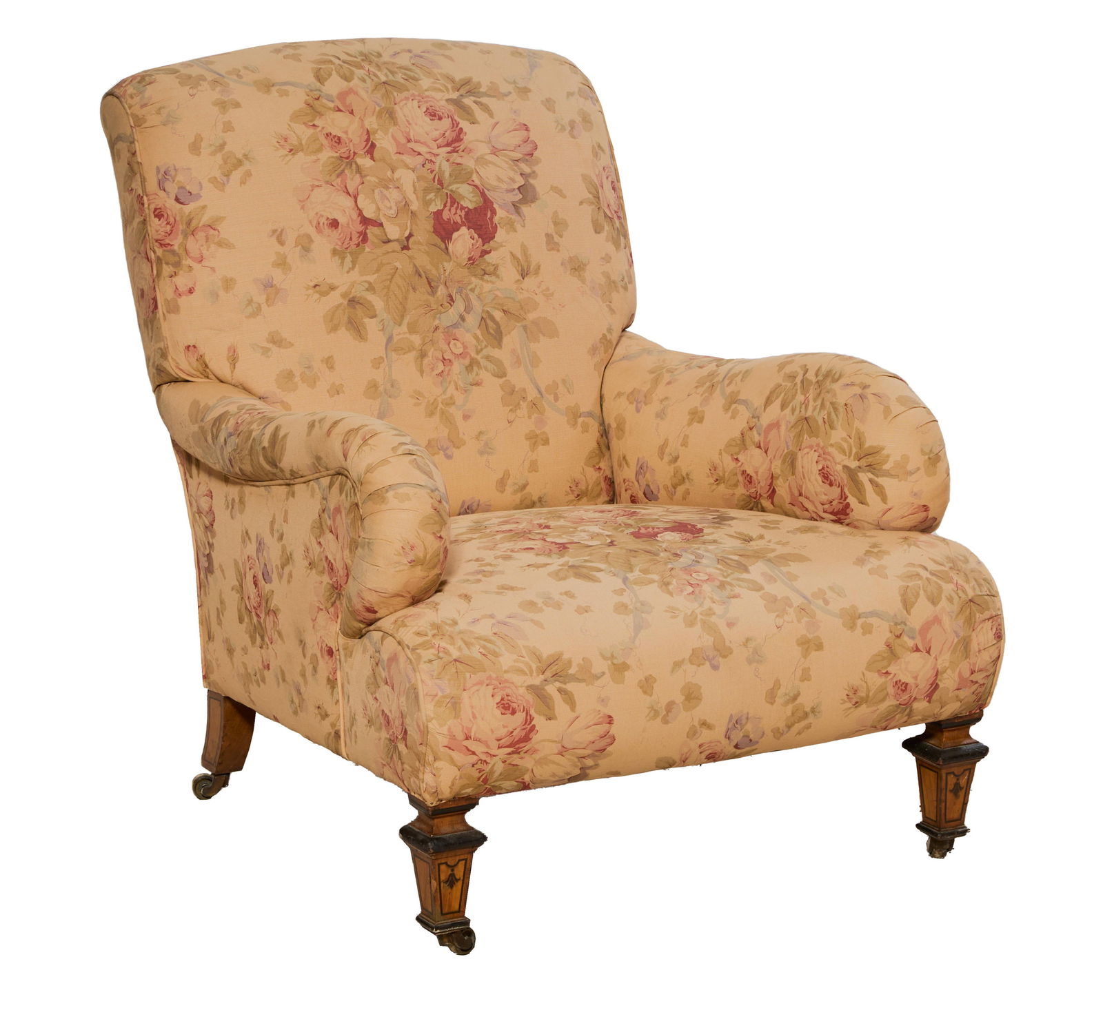 Napoleon III Inlaid Bergere, late 19th c., H.- 33 in., W.- 28 in., W.- 30 in.: Napoleon III Inlaid Bergere, late 19th c., the rolled canted back over rolled arms and a rolled seat, on tapered inlaid legs with casters, in floral linen upholstery, H.- 33 in., W.- 28 in., W.- 30 in