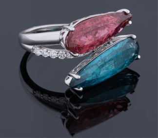 Lady's Platinum Pink and Blue Tourmaline and Diamond Dinner Ring, by Oscar Friedman, Total