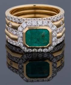 Lady's 18K Yellow Gold Emerald and Diamond Ring, Total Diamond Wt.- 1.13 carats, Size- 6 3/4., with