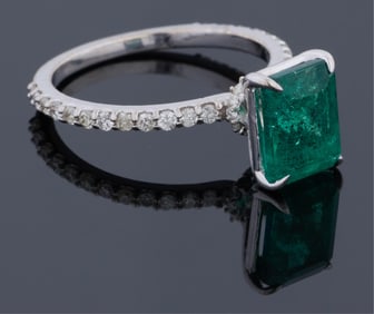 Lady's 14K White Gold Emerald and Diamond Dinner Ring, Total Diamond Wt.- 0.32 carats, Size- 5, with