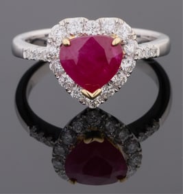 Lady's 18K Two Tone Gold Burmese Ruby and Diamond Dinner Ring, Total Diamond Wt.- 0.52 carats, Size-