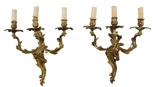 Pair of Louis XV Style Gilt Bronze Three Light Sconces, early 20th c., H.- 16 1/2 in., W.- 13 1/2 in