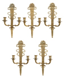Set of Five French Louis XVI Style Gilt Bronze Two Light Sconces, 20th c., Each- H.- 13 1/2 in.,