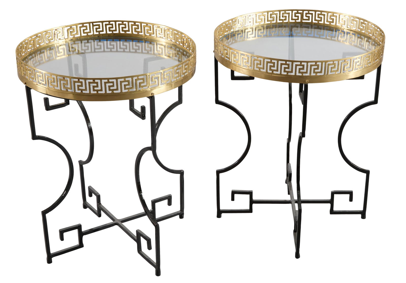 Pair of French Greek Key Iron and Brass Side Tables, 20th c., Each- H. 26 in., Dia- 20 in. (2 Pcs.) (1 of 1)