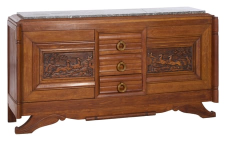 French Art Deco Marble Top Carved Oak Sideboard, early 20th c., H.- 40 in., W.- 74 1/2 in., D.- 21