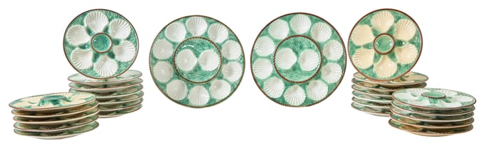 French Twenty-Six Piece Ceramic Oyster Set, 19th c., Plates- H.- 3/4 in., Dia.- 9 3/8 in. (26 Pcs.)