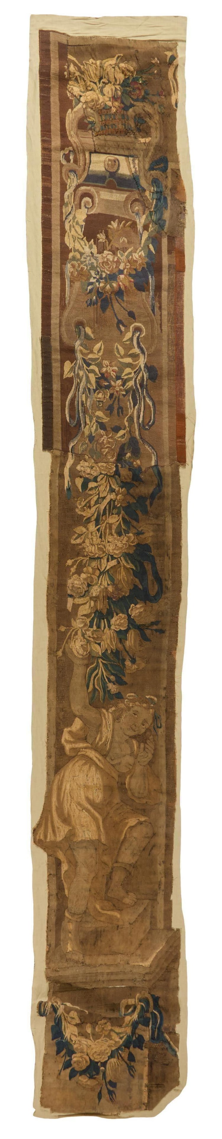 French Tapestry Fragment, 18th c., H.- 133 1/2 in., W.- 17 1/2 in. (1 of 3)