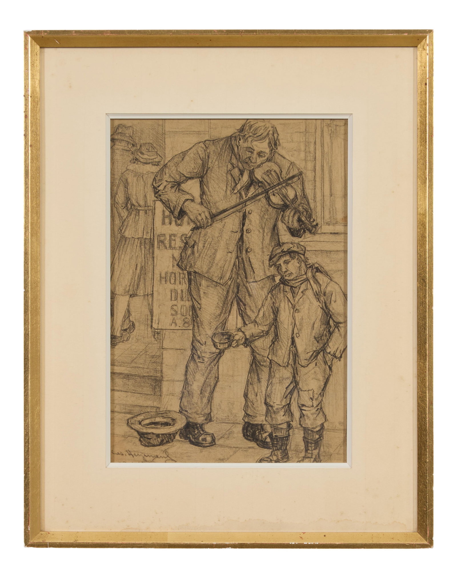 Casimir Heymans (Belgian, ca.1893-1984), "Begging Fiddlers," 20th c., Sight- H.- 12 5/8 in., W.- 8: † Casimir Heymans (Belgian, ca.1893-1984), "Begging Fiddlers," 20th c., charcoal on paper, signed lower left, presented in a beige mat and gilt frame, Sight- H.- 12 5/8 in., W.- 8 7/8 in., Framed- H