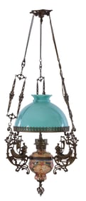 French Belle Epoque Brass, Ceramic and Opaline Glass Oil Lantern Chandelier, late 19th c., H.- 44